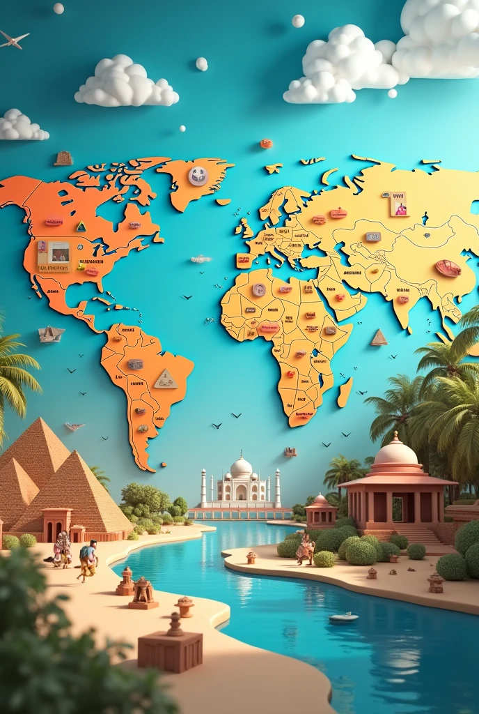 create an image for a background of a quiz video about geography, the image should have elements that symbolize geography, it should have elements that imply about quiz/trivia, geographical elements, world map, pyramids, landmarks, taj mahal, catchy and engaging colors, realistic,