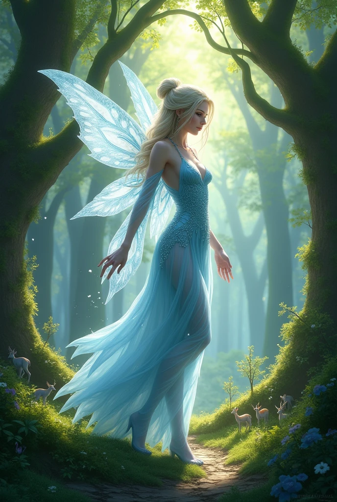 An ice fairy in a beautiful forest