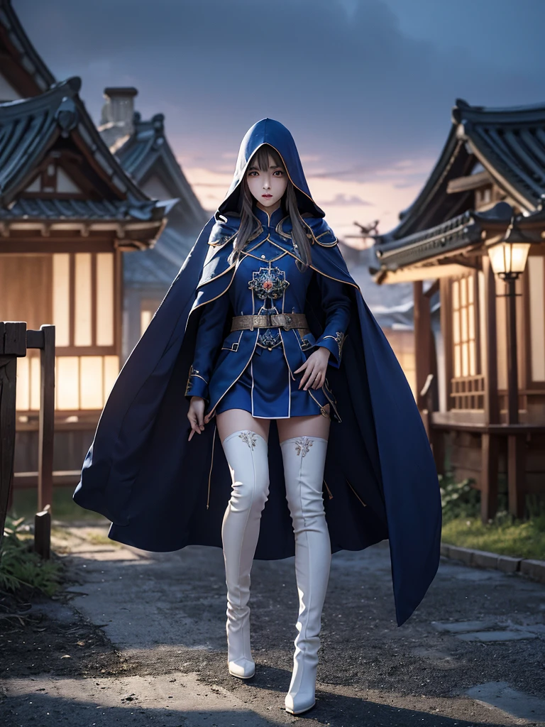South korea walk women mystery hooded on with modern royal Blue coat with long and wide sleeves with buttons and royal Blue cape and very high white heel over the knee and white gloves, As she reveals a small secret hidden blade coming from his palm , adding to the character's mysterious and agile appearance, with small movements of air on the cape, in summer at night under the rain,medieval south korea house. sophisticated and highly detailed, ultra hd, realistic, hyper detailed, enhanced colours, ultra sharp focus, with vibrant, rich in details High quality, gorgeous, captivating, 8k, super detailed, stunning shadows, detailed lines, blood stain on coat and gloves, corpses in the street recently murdered