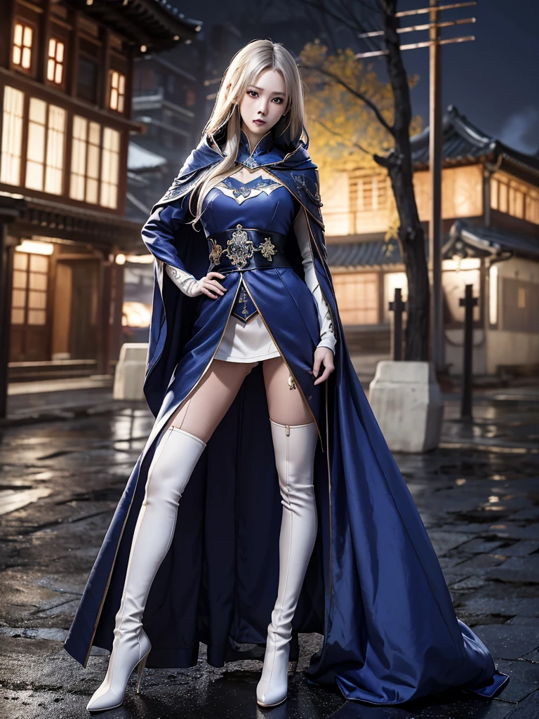 South korea walk women mystery hooded on with modern royal Blue coat with long and wide sleeves with buttons and royal Blue cape and very high white heel over the knee and white gloves, As she reveals a small secret hidden blade coming from his palm , adding to the character's mysterious and agile appearance, with small movements of air on the cape, in summer at night under the rain,medieval south korea house. sophisticated and highly detailed, ultra hd, realistic, hyper detailed, enhanced colours, ultra sharp focus, with vibrant, rich in details High quality, gorgeous, captivating, 8k, super detailed, stunning shadows, detailed lines, blood stain on coat and gloves, corpses in the street recently murdered
