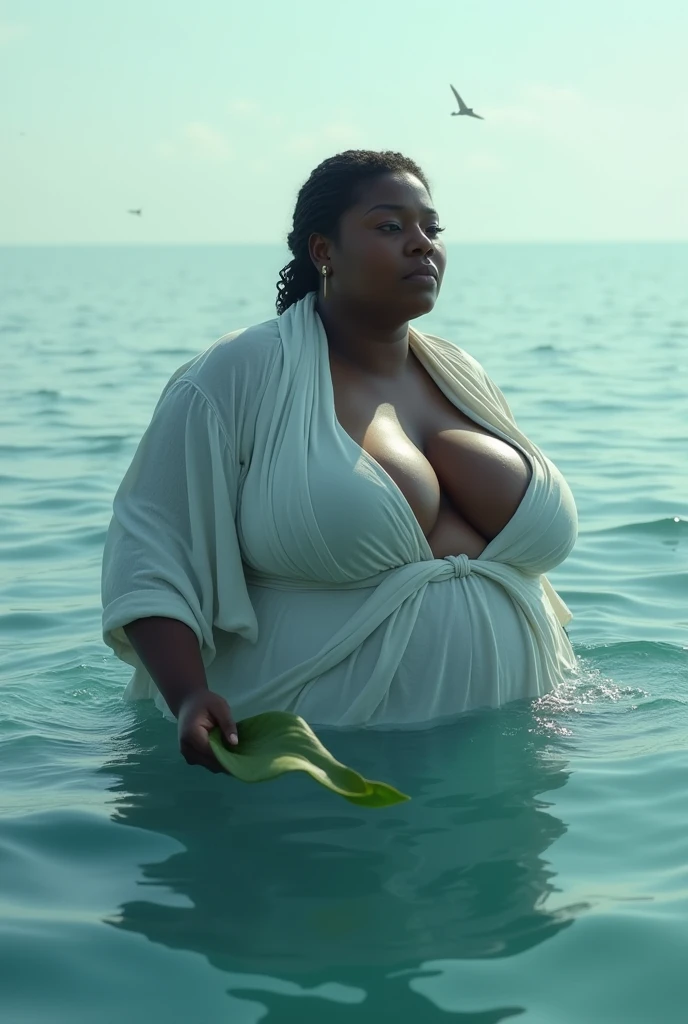 big black woman, white fabric covering the breasts , In the water of the sea, with a leaf in hand 