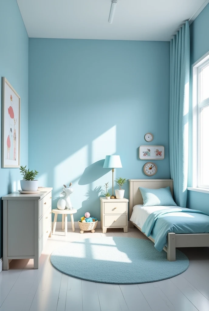 Modern style children's bedroom fully furnished with light blue tones