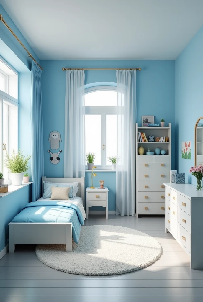 Modern style children's bedroom fully furnished with light blue tones