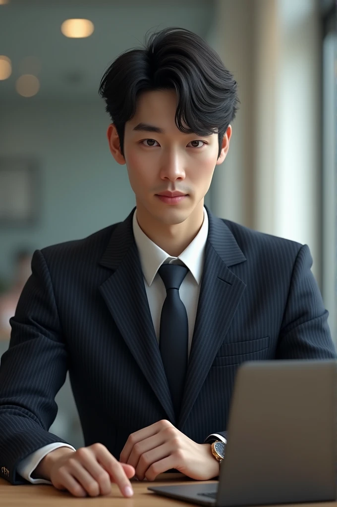 A handsome new employee，30-year-old Japanese male, Merchant attire,Wearing a very high-end striped suit, The scene is in the office, He is sitting in front of his laptop, (CG Unity 8K HIGH-definition photo), (Photo-realistic), ((best quality)), Very detailed, (masterpiece), , very beautiful hair, Bright photos,As handsome as an idol and as handsome as a model, Wearing a luxury watch,