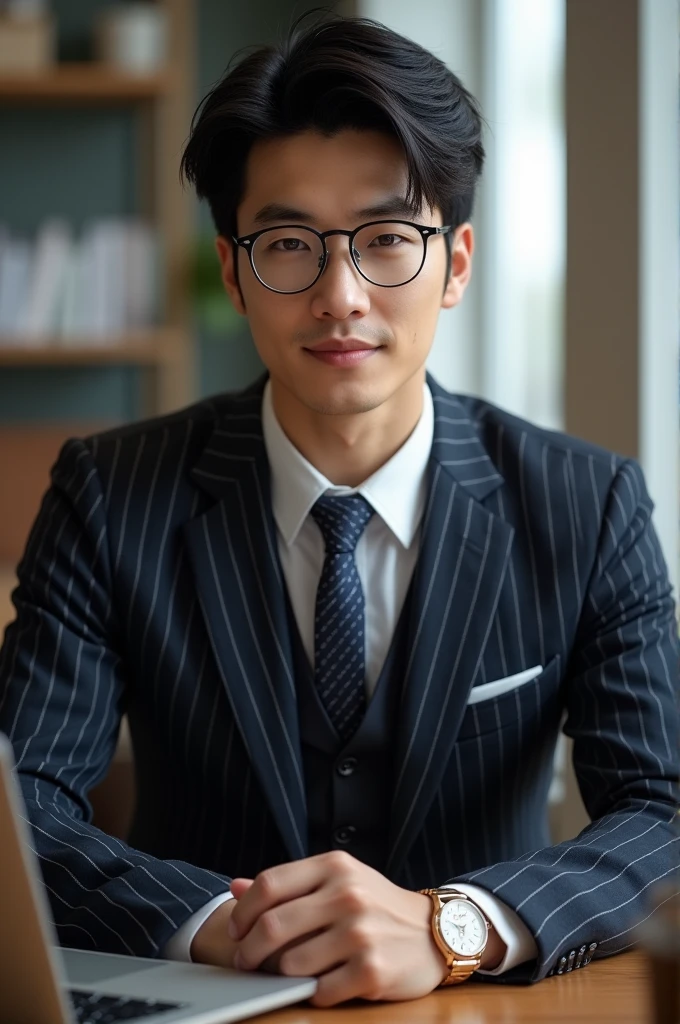 A handsome new employee，30-year-old Japanese male, Merchant attire,Wearing a very high-end striped suit, The scene is in the office, He is sitting in front of his laptop, (CG Unity 8K HIGH-definition photo), (Photo-realistic), ((best quality)), Very detailed, (masterpiece), , very beautiful hair, Bright photos,As handsome as an idol and as handsome as a model, Wearing a luxury watch,