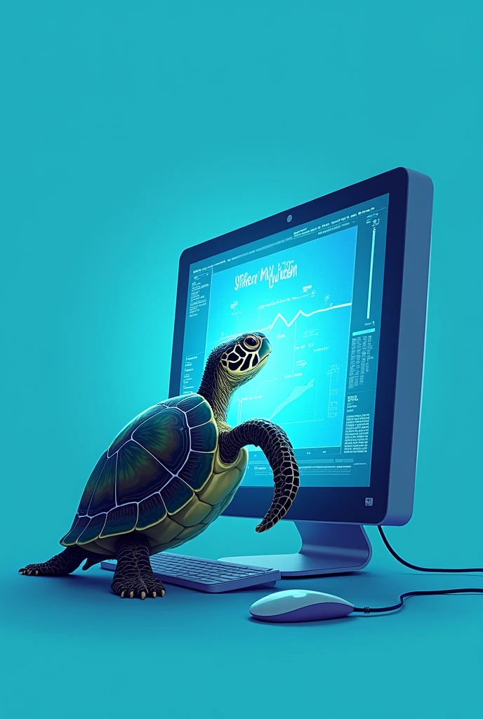 generate a logo where inside it there is a turtle looking for water pollution on a blue computer