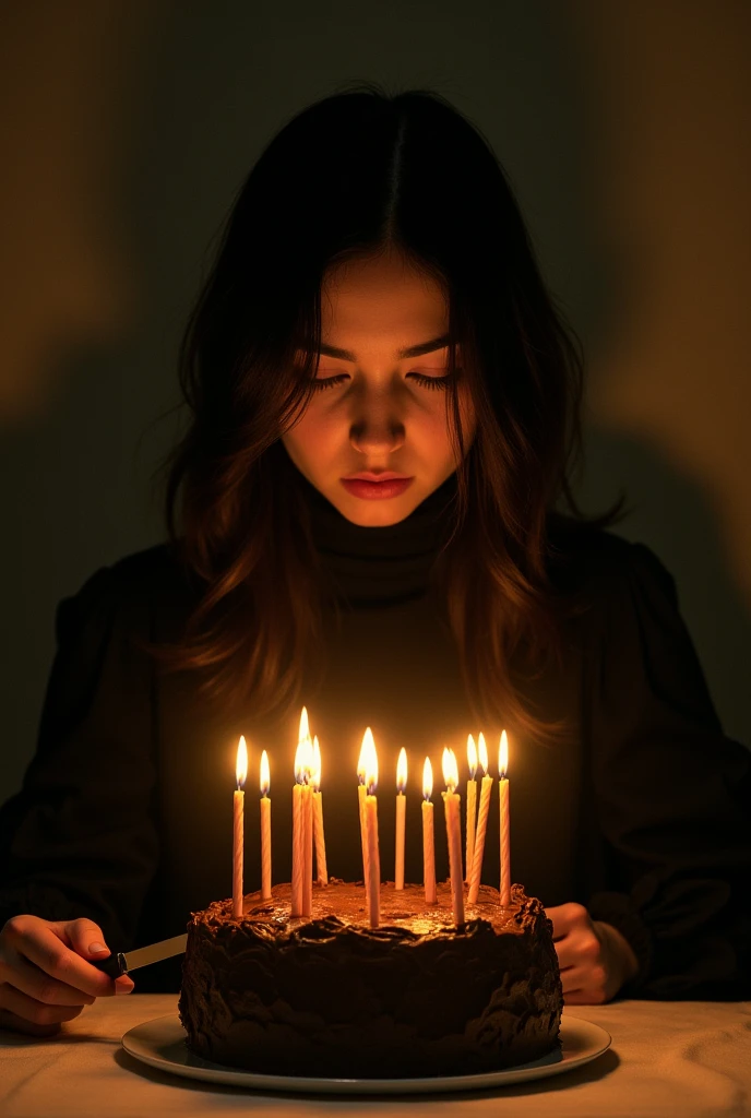 The beautiful young face cover women cut chocolate cake alone ( use knife ) on the cake 20 number candle. and she's face full of sadness. and she waring black frock with full sleeve and covered nack and face dress she's in a dark room with some warm yellow light. She's in sad and she's looking a cake Nose , Long Hair, Hair Between Eyes,