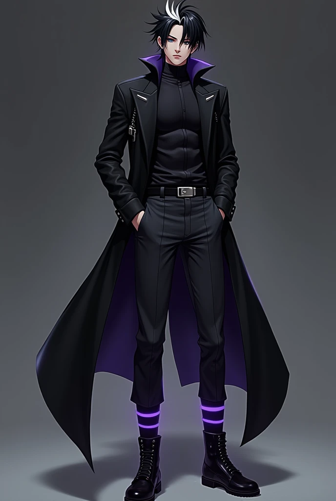 Sexy black skin man anime character Black hair with a white stripe on it, wearing a long black jacket and wearing a long, dark gray pants with glowing purple stripes on it and wearing boots