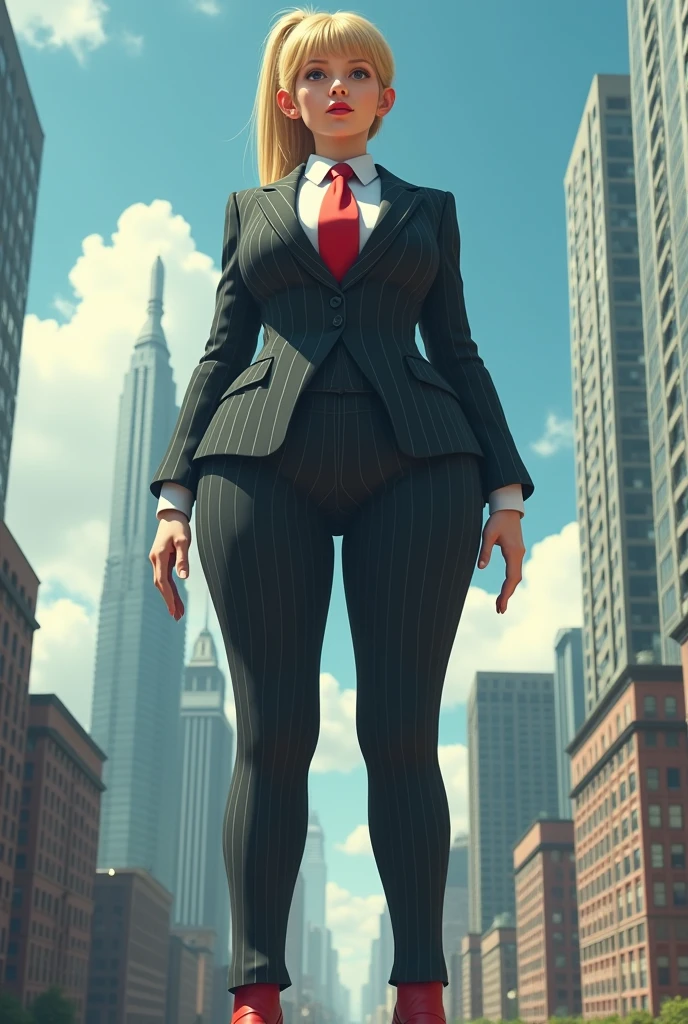 (photorealism:1.2), young , beautiful bbw schoolgirl a massive curvy blonde ponytail red lips wearing a perfect dark pinstripe suit with a thick light red tie large collar large breasts. Platform high heels , standing, giantess art, highly detailed giantess shots, giantess, most detailed, perfect face, Two legs, Five fingers, short hair, A high school girl who is bigger than a skyscraper, skyscarpers at their feet, skyscrapers small, smile, huge breasts, Red tie, major metropolis, numerous Destroying cities, Under heavy attack, A very small big city, Miniature metropolis, Full body description, GTS, giga giantess, gigagts, stomping city, crash city, tiny city, micro city, , High resolution, highest quality, masterpiece, 