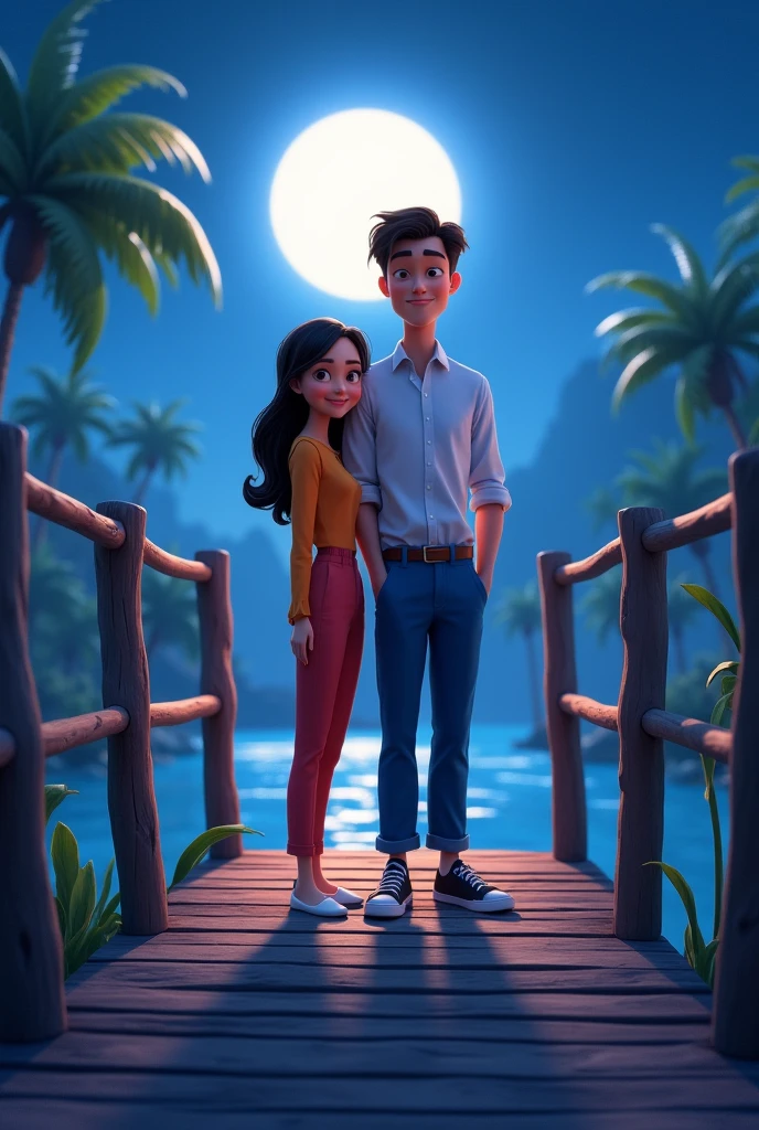 Pixar-type image of a young man in a white shirt and blue pants and a girl next to him in orange pants and an orange blouse looking towards a front photo of a lagoon at night on a bridge, they are standing looking at the camera