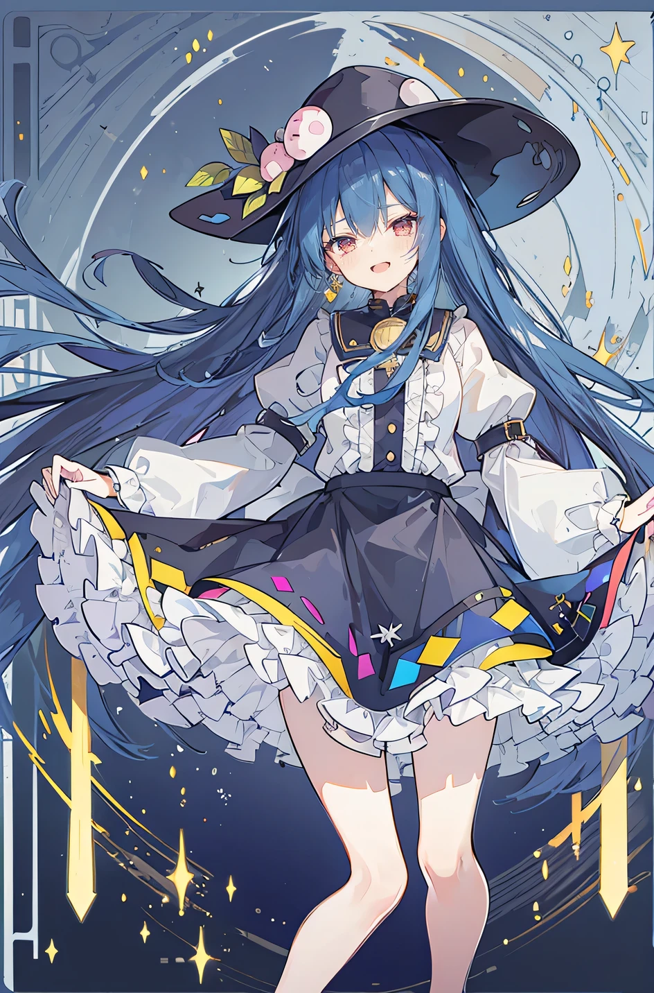 oung Girls,Humanity,A magician always smiles,big witch hat,cute,dark blue long hair,The eyes are dull,The bangs are heavy,Thin eyebrows,fantasy,intake,Double teeth,Star Theme,Constellation pattern,Solid color clothetal decoration,cloak,A bit of a dark atmosphere,A little crazy smile,When the big moon shines outside at night,blood,Hair black star embellishment,Short tie,No nails,High waist skirt,Bell sleeves,Long-sleeved shirt,Black tie,low risk,gentlemen。Mist、Yellow and white effect,Shocking pink as an accent color