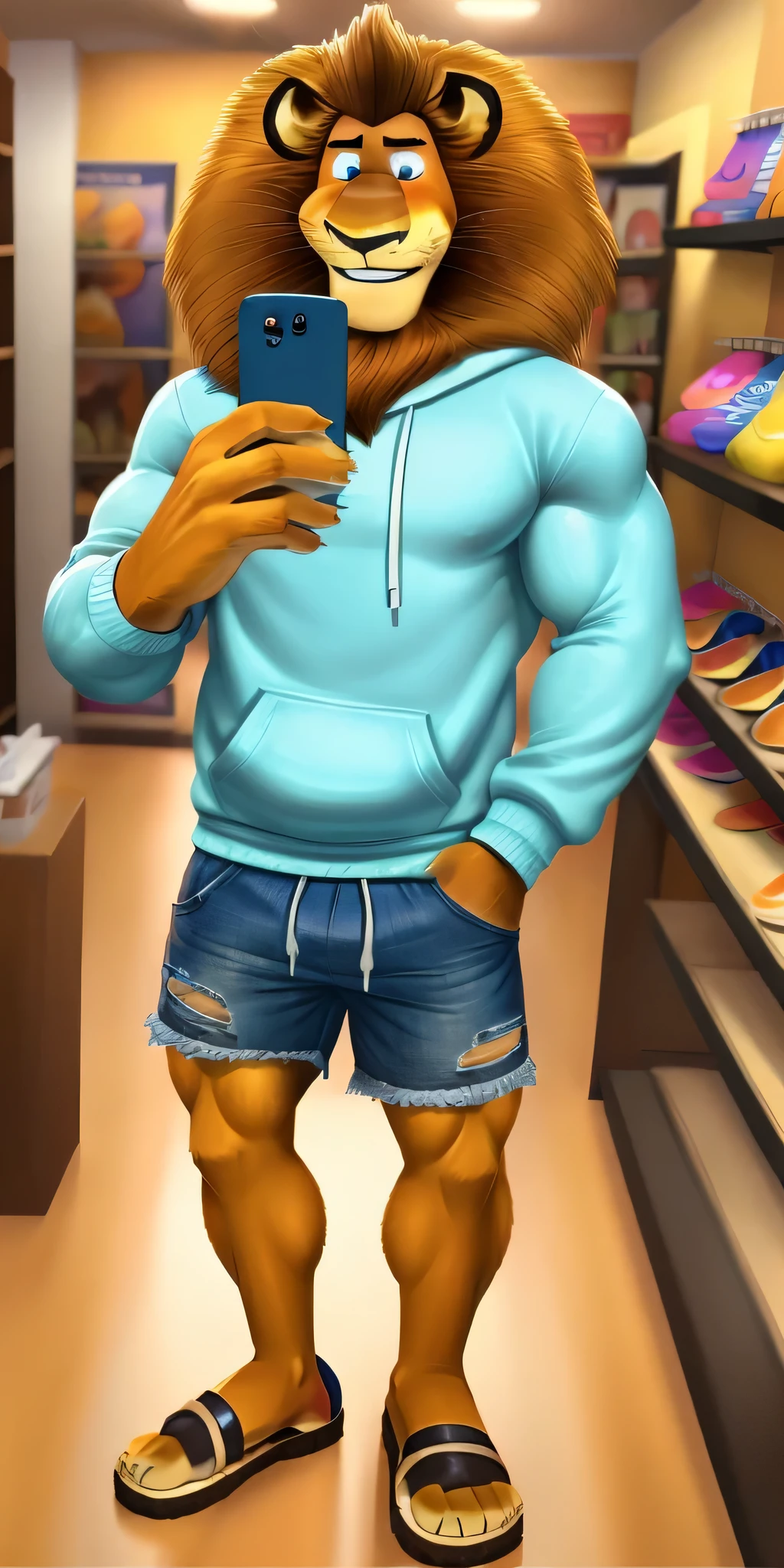 Alex the Lion, muscular body, big biceps, extremely beautiful and cute face, perfectly detailed blue eyes with perfectly detailed pupils, wears cyan sweatshirt, denim cargo shorts, trying on sandals, shoes store background, selfie, gentle look, cute smile