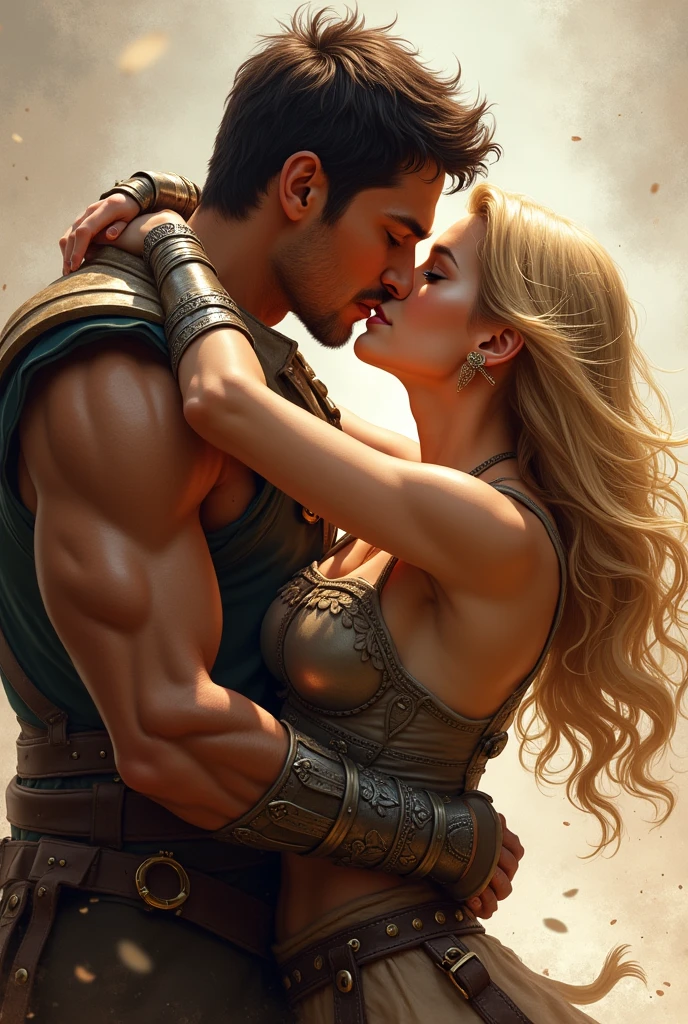 Make this  handsome warrior with dark brown medium short hair, brown warm eyes, sharp chin, muscular, caramel skin on to be kissed by a beautiful woman with golden hair to her sholder and blue eyes, dressed as a warrior, who jumps into his arms and kisses him passionately