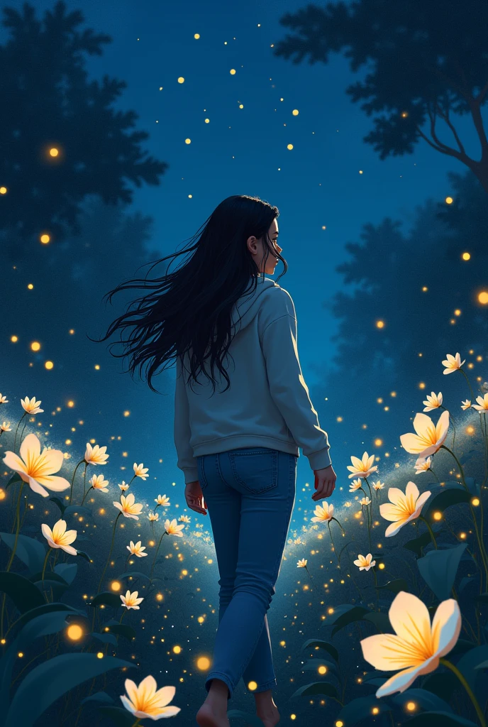 A girl with long wavy black hair wearing, jean/pants, and a hoodie having fun around the plantation of white plumeria flower at night time with fireflies