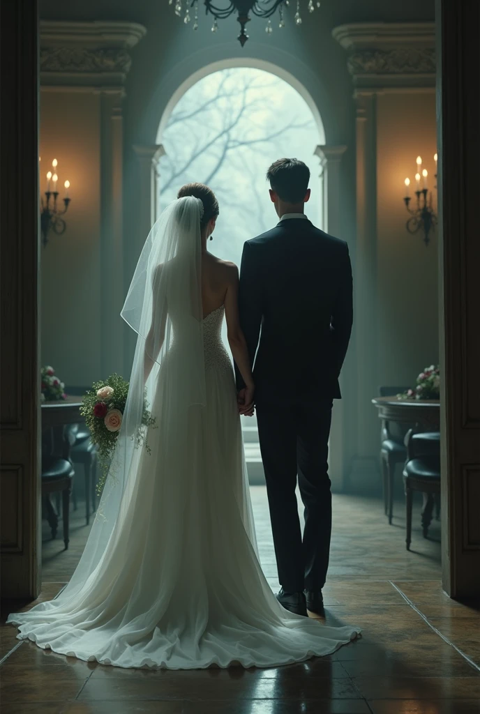 Create an image depicting couple standing apart, facing away from each other. They are dressed in their wedding outfits; a wedding gown and a bouquet for the woman, and a tuxedo for the man. The background should suggest a luxurious but cold environment, symbolizing their external wealth but internal struggles. Use a hint of warm light to show the potential for love. 