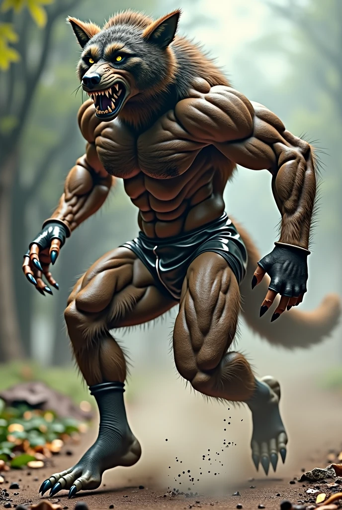 Werewolf in shiny running shorts fingerless gloves  open toed socks