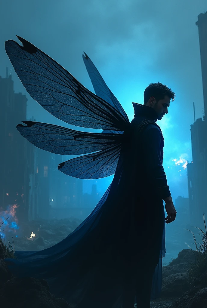 Male dark silhouette side view with dragonfly wings with ruined city in background distant view in blue flames