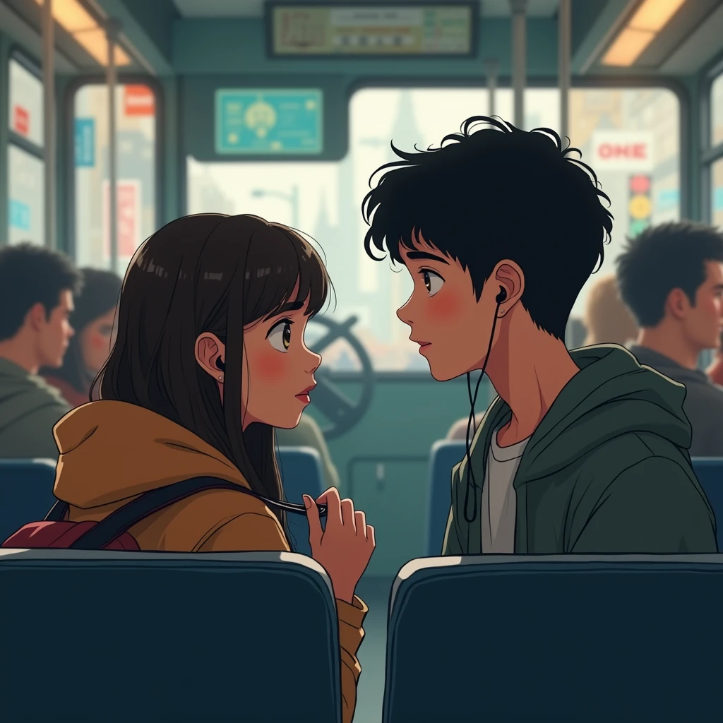 1 teenager on a bus looking at a boy