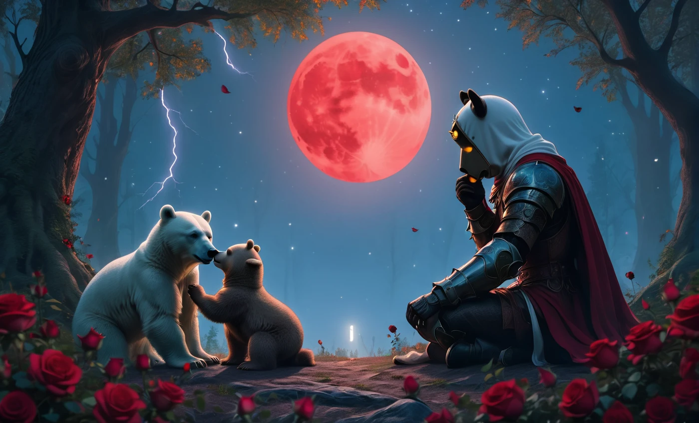 Male knight with a white hood with white bear ears and a sword behind his back sits cross-legged on the ground towards a baby polar bear and a baby brown bear in a forest while the moon shines, many Roses cover the ground and lightning falls from the sky. The baby polar bear plays with the baby brown bear while the knight enjoys watching them. Only the man wears a red blindfold. In the background of the picture is the blood moon and a tree has fallen down in the path. The forest is full of trees with leaves. The armor of the man is black and red roses decorate it. The sky is full of stars. The knight is thoughtfully touching his face.