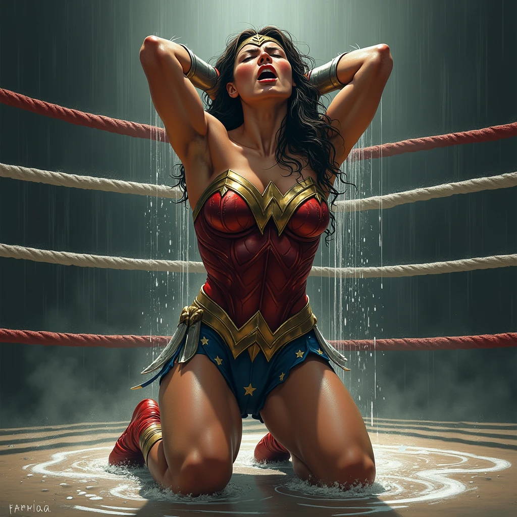 (sweaty)(muscular)A very sweaty Wonder Woman is kneeing in the ring. Both her hand is up in the air, show her armpit. She's vomiting heavily, she spits out lot of visible sweat repeatedly. Lot and Lot of sweat continously dropping from her mouth to the floor. There is lot of sweat on her muscular body. There is a lot of visible sweat drop from her armpit to the floor