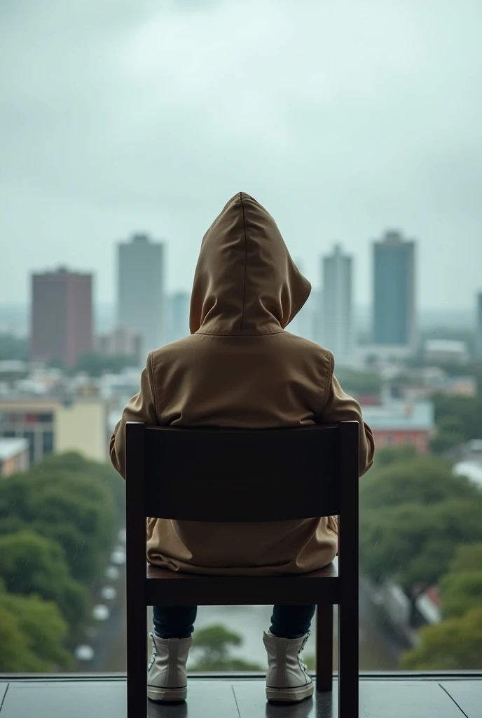 A realistic photo of a hooded boy in a light chocolate coat, and black pants with white high top sneakers completely.  Sitting looking at Panama City from Amador. The photo taken from behind of the person sitting in a chair. The weather is cloudy or rainy. Hooded so that nothing can be seen of his head