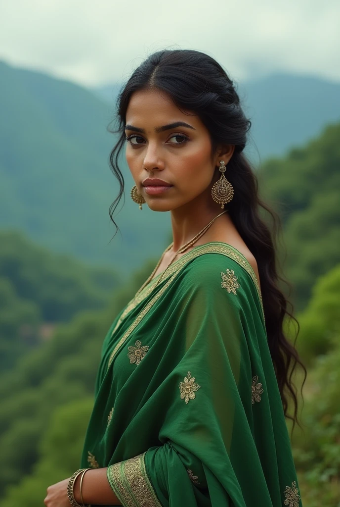 Indian lady portrait wearing suit salwar in green mountains