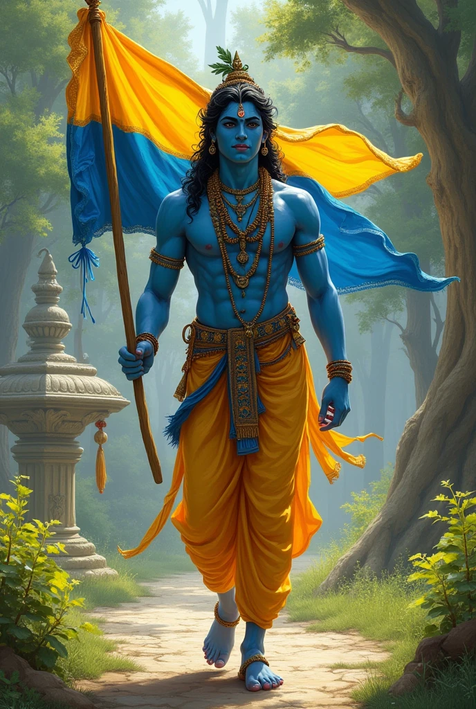 Krishna blue skin walking in his hand yellow and blue colour flag