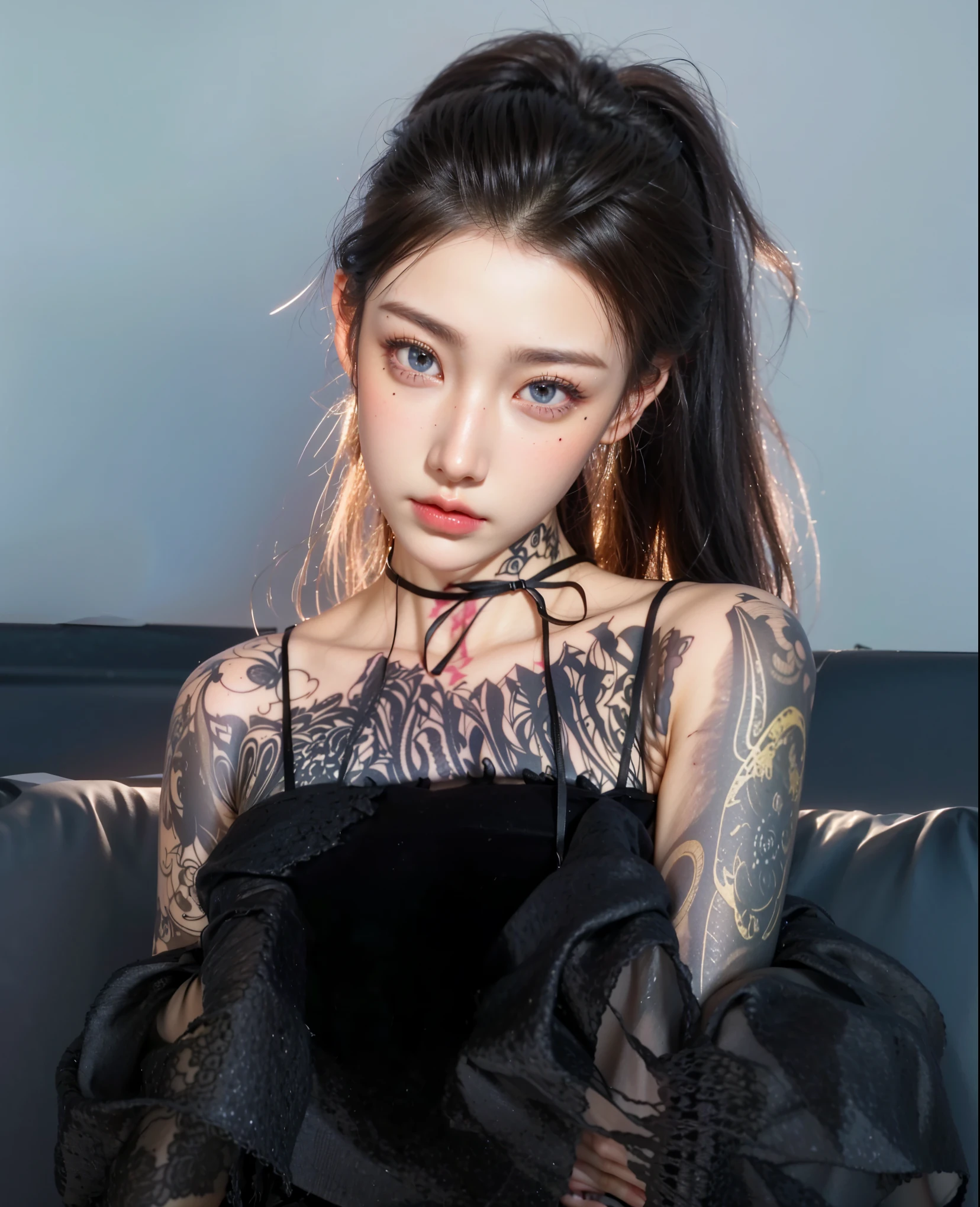 Game Art，Best image quality，Maximum resolution，8K，(A bust photo)，(portrait)，(Head close-up)，(Rule of Thirds)，Unreal Engine 5 rendering works，20 year old girl，((Queen))，The eyes are very detailed，(Large Breasts)，Elegance and nobility，Movie Light，Ray Tracing，Game CG，((3D Unreal Engine))，OC rendering reflection mode，4K，Ultra-clear，Translucent lace，Fair and plump figure，Pretty Face，Glossy Gel Coat，身着华贵礼服的Queen，Necklace jewelry，Dark blue pupils(Like the eyes of the starry sky)，There are exquisite tattoos on the body，Wear a printed lace dress，sit on the chair，Wearing printed lace and gold silk clothes，Wear delicate lace decoration，Tattoos