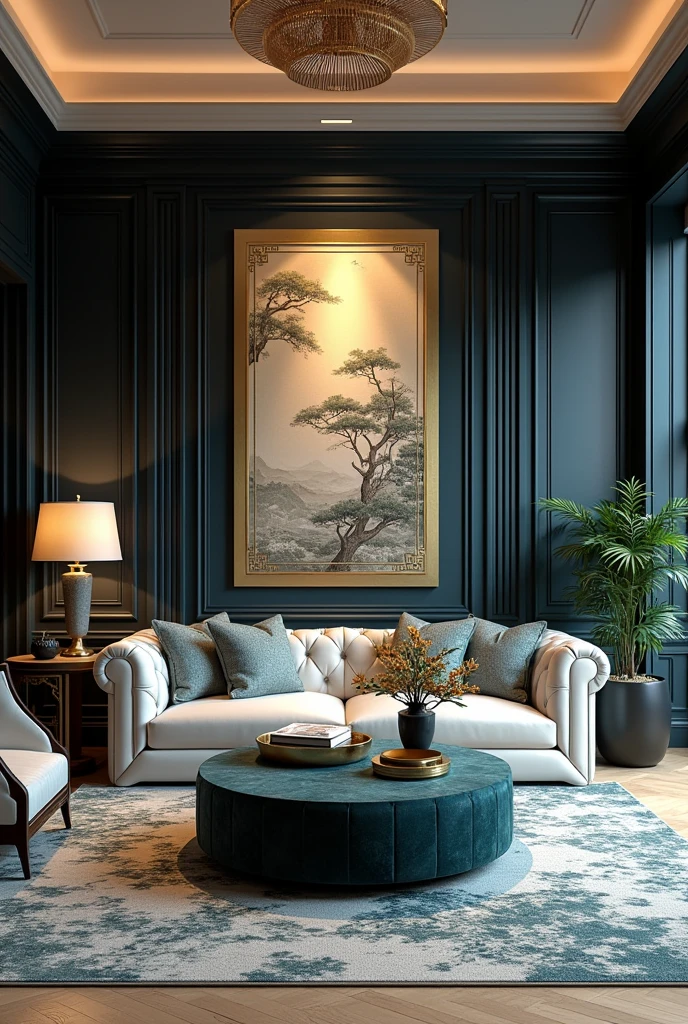indochine style, living room is decorated with black and white design elements, in the style of light gold and dark cyan, traditional vietnamese, luxurious wall hangings, modular design --ar 3:2
