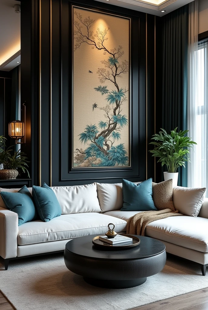 indochine style, living room is decorated with black and white design elements, in the style of light gold and dark cyan, traditional vietnamese, luxurious wall hangings, modular design --ar 3:2