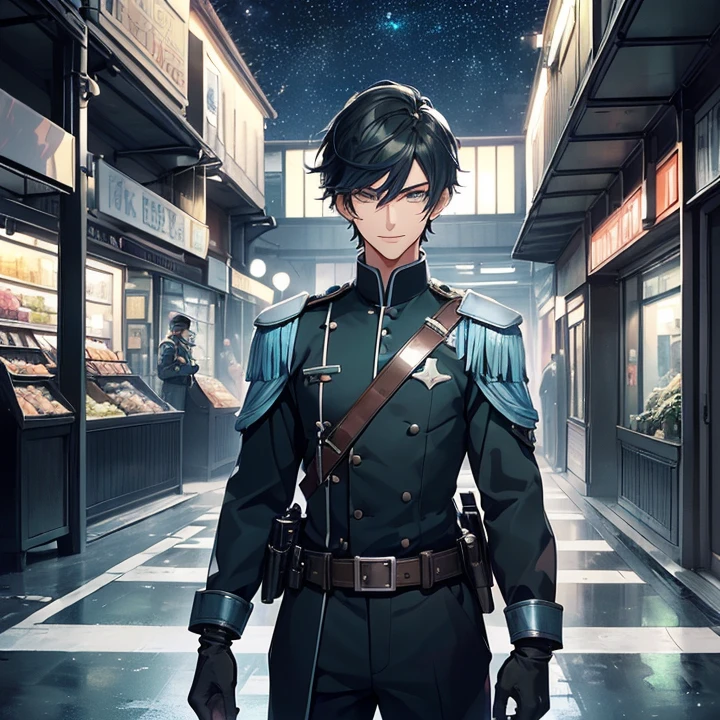 Anime Style, Character Design, HD, Best Quality, Masterpiece, High Details, High resolution, fantasy, carefully detailed, no deformities.
{{(1character: a 2 young man police officer:(pale skin, short black hair, he stands 1,88 meters tall, slender body complexion, green eyes, short nose, thin lips,),(blue cuirass, blue shoulder pads, grey police shirt, black gloves, blue belt, , grey pants, blue helmet with a four pointed star in the top, short silver shotgun in both hands),(kind smile, on guard pose ever vigilant, holding his shotgun with both hands),(night time, dark night sky, highly iluminated street, norway fantasy city version, colorful houses, colorful shops, colorful floor))}}