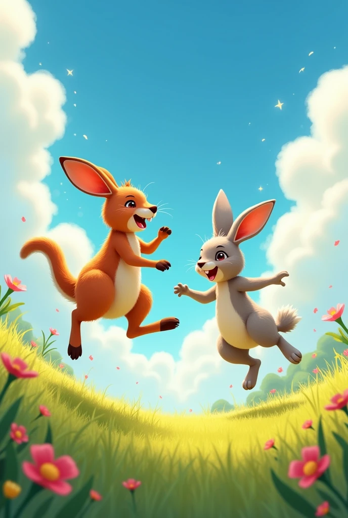 sunny day, kangaroo jump and leap side by side with a rabbit while laughing