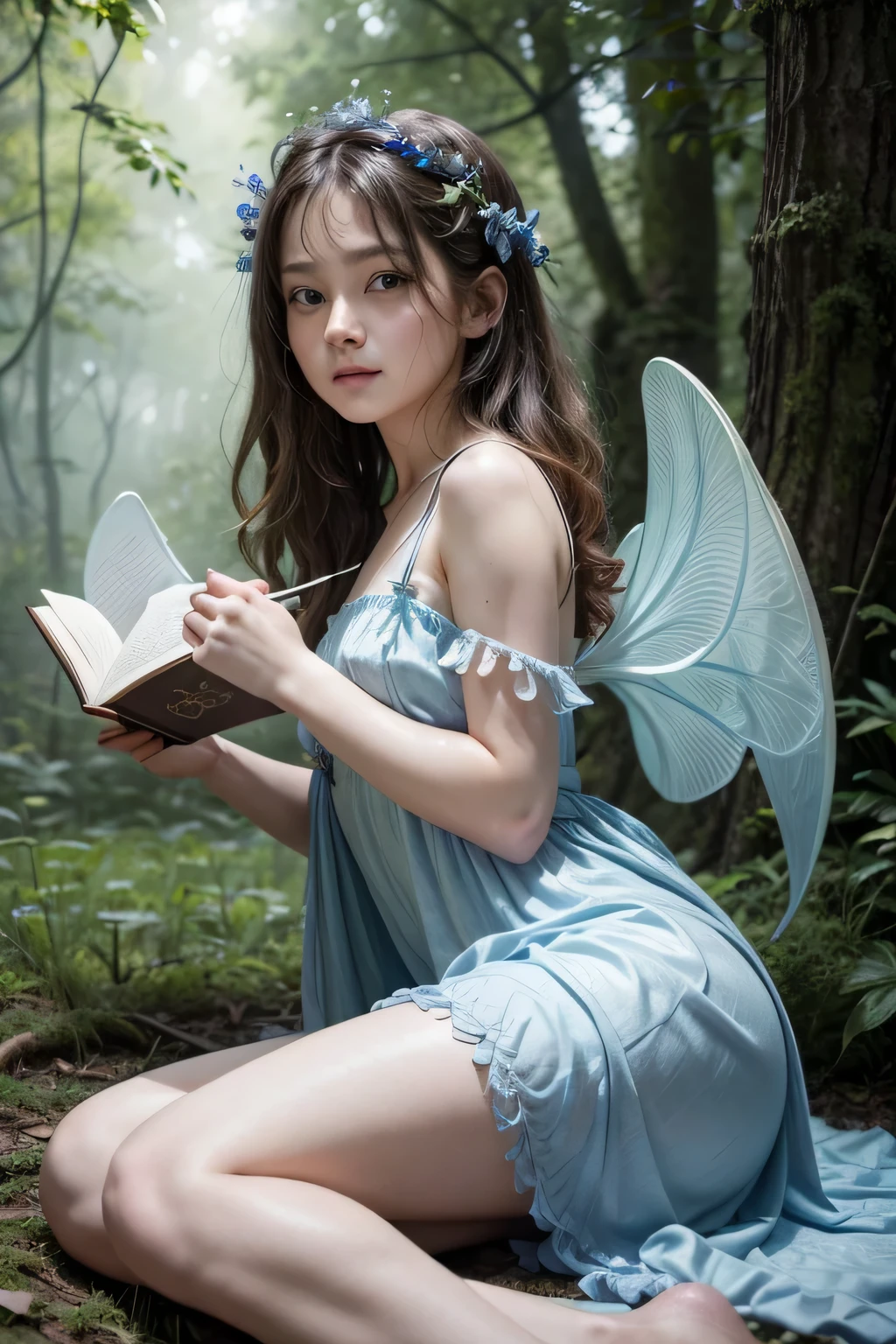 Children's book illustration, hyper detailed airbrush by pino daeni, Macro photography of a very cute, very beautiful and charming fairy with expressive eyes, perfect face, sitting on a branch, cute, Shape A (short erotic fairy outfit), legs apart , looking at the viewer, holding a book in her hands, fairy wings behind her back, outside sunny morning, sun, morning, forest, conceptual art, pastel by Arthur Rackham on silk, strybk, james jean, Brian Froud, Miho Hirano, Neimy Kanani, Aykut Aydo du, ultra high quality model, perfect eyes, white-blue eyes, Rembrandt lighting style, hand negative
