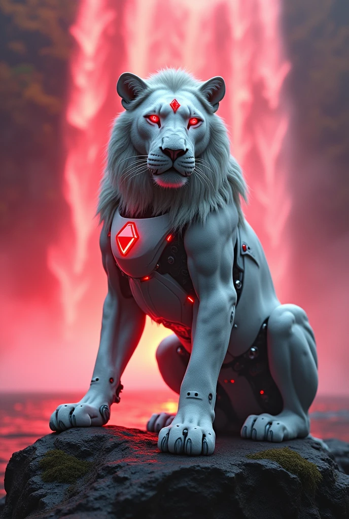 White lion with robotic structure and red eyes and red dimond in siting near the waterfall colour is a red more big and denger waterfall lion 8s more dengerous