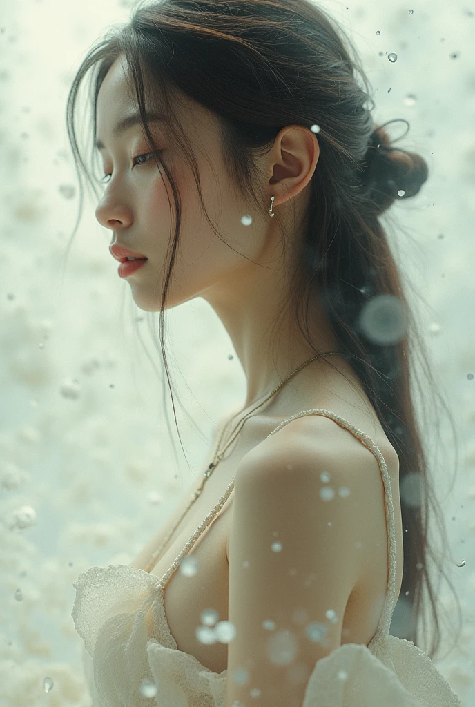 Editorial photography,Super detailed background,super realistic,double exposure,depth of field,beauty super slim skinny fluids,soft focus tone,Narrative scene,acrylic paint,,full body shot,from below,Wabi-sabi,very long straight brunette hair, portrait facing the camera close up, hair is pulled back and does not cover the face, studio light