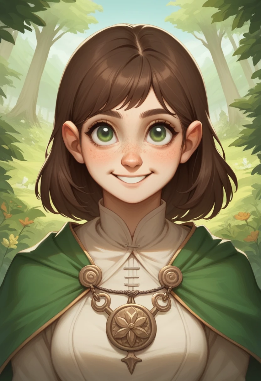 Victoria O'Brian..web animated serie style of a young brunette herbalist woman with bangs, round face, freckles, round olive green eyes, thin mouth, large nose, average build, wearing village clothes and a small silver medallion, concentrating on gathering herbs in the forest. Medieval style, heroic fantasy, healer, smiling, cel shading style with more pronounced shadows. ????, ?????? 