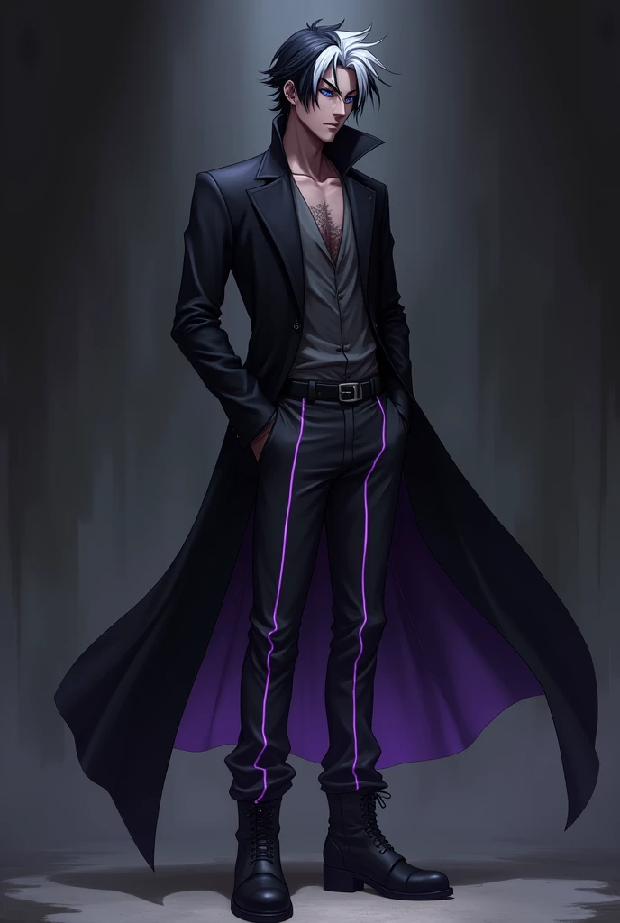 Sexy black skin man anime character Black hair with a white stripe on it, wearing a long black jacket and wearing a long, dark gray pants with glowing purple stripes on it and wearing boots