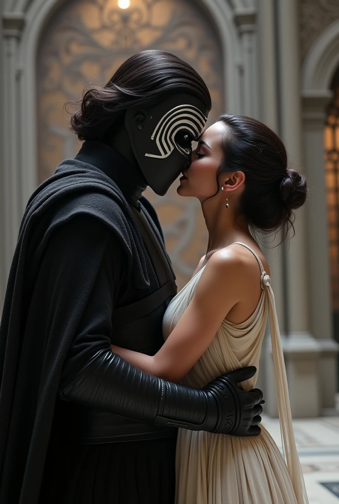 Unmasked Kylo Ren and Rey kissing in an Imperial meeting hall. King dresses in white, e Kylo, in black.