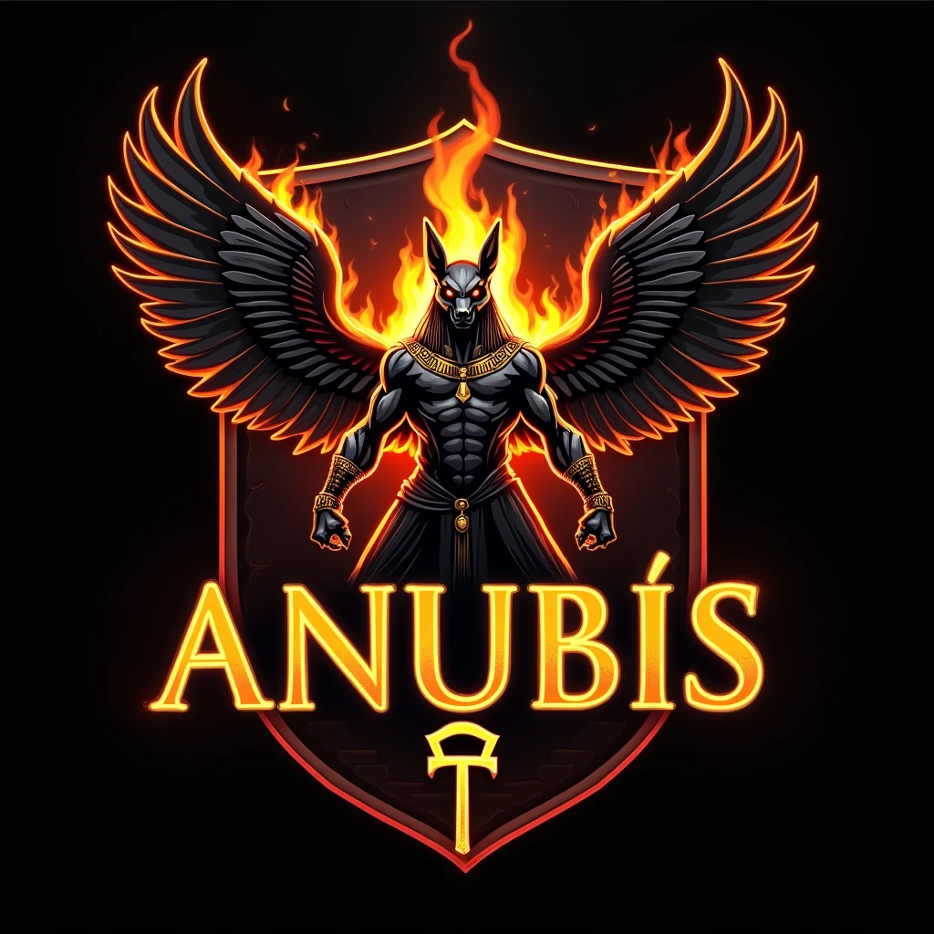 ((best qualityer)), ((work of art)), (detailded), create a gamer logo with the character egyptian god anubis, The logo must have a coat of arms with the character in front of the front bust, e o nome escrito ANUB☥S a letra i te que ser substituidada pela Cruz de Ansata ☥, Anubis has to be on fire epic gamer style with wings and dragon style, and anubis has to look bad, the colors have to be gold, black and red, don&#39;t forget to insert the name ANUBIS