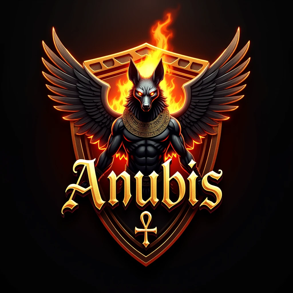 ((best qualityer)), ((work of art)), (detailded), create a gamer logo with the character egyptian god anubis, The logo must have a coat of arms with the character in front of the front bust, e o nome escrito ANUB☥S a letra i te que ser substituidada pela Cruz de Ansata ☥, Anubis has to be on fire epic gamer style with wings and dragon style, and anubis has to look bad, the colors have to be gold, black and red, don't forget to insert the name ANUBIS