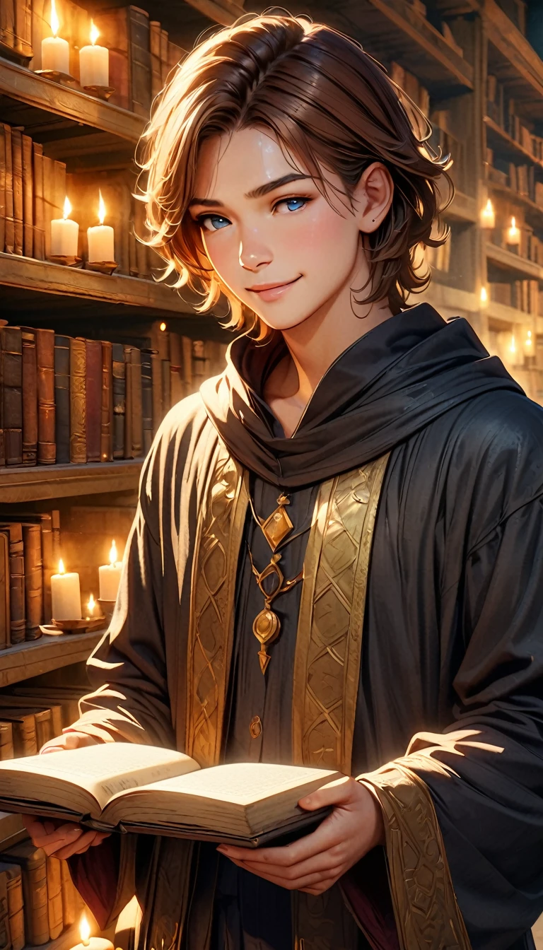 Subject: gorgeous young male mentor wizard.
Appearance: short chestnut brown hair, expressive blue eyes, shy smile.
Attire: Deep black robe with golden accents.
Setting: Ancient library with towering shelves of spell books, glowing orbs, and floating candles.
Mood: Enchanting, mysterious, warm, and inviting.
Art Style: High fantasy, realistic textures, soft golden lighting.