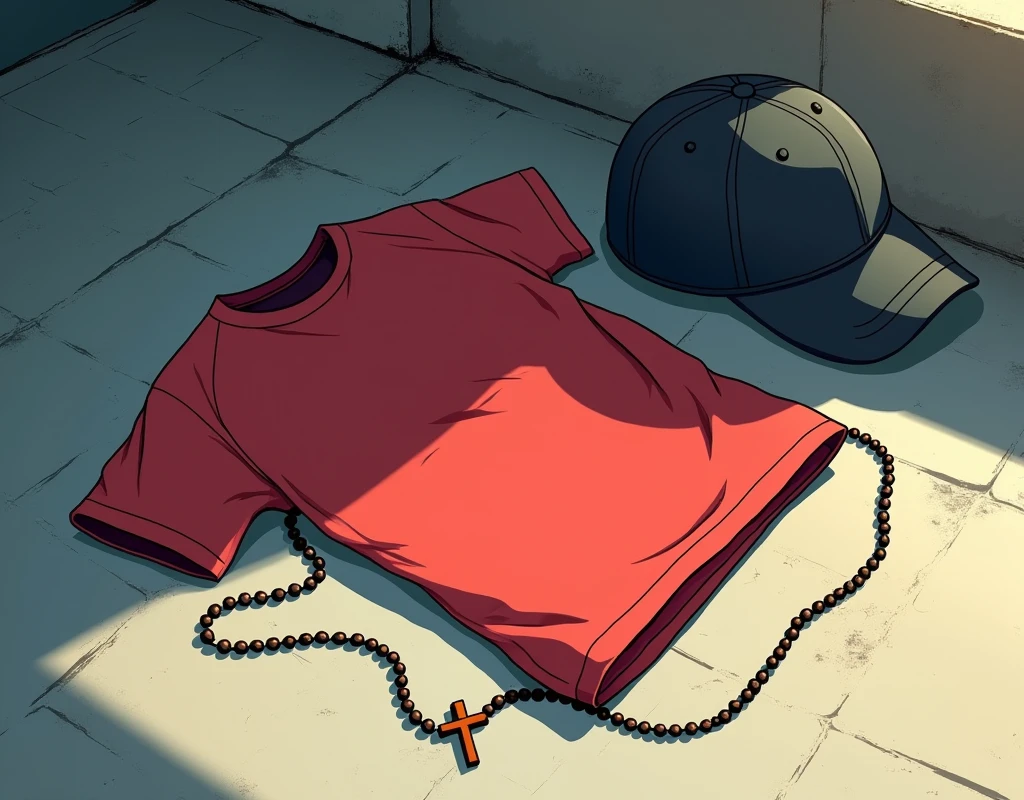 Wrinkled red t-shirt lying on the ground and next to it a baseball cap and a rosary 2d anime style very expressive and visually beautiful image anime style Very beautiful visually