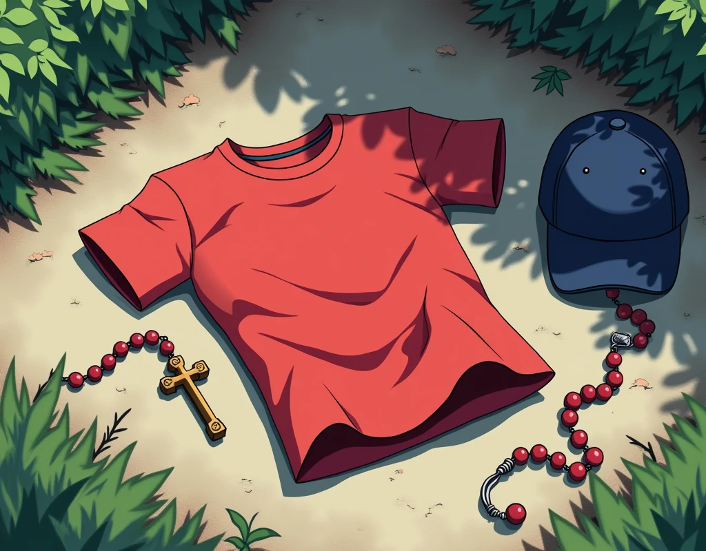 Wrinkled red t-shirt lying on the ground and next to it a baseball cap and a rosary 2d anime style very expressive and visually beautiful image anime style Very beautiful visually 
