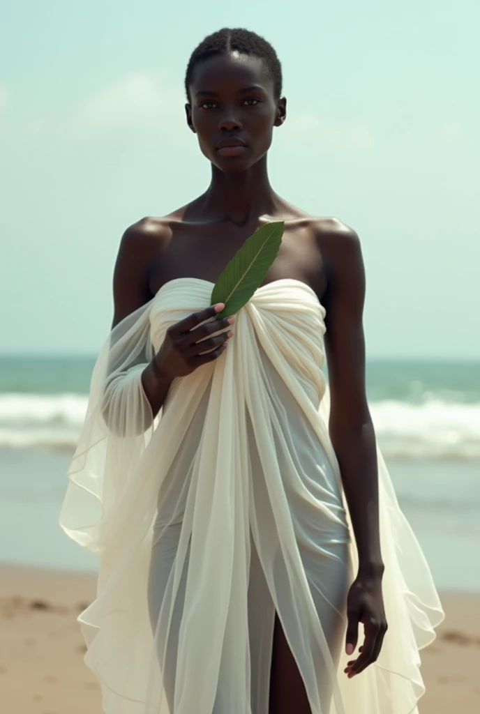 black female, white fabric covering the breasts , on the beach sand, with a leaf in hand 