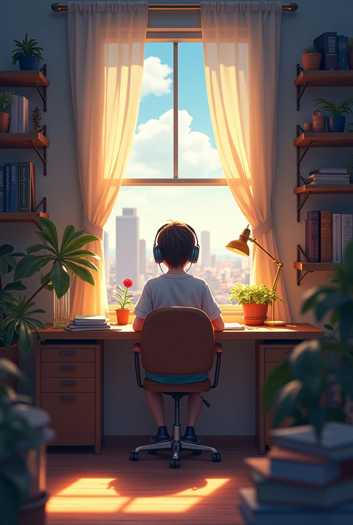Create an image featuring a character sitting at a desk with headphones on, in a cozy room with warm lighting. The room should have elements such as books, decorations, and a window showing either a cityscape or nature. The atmosphere should be calm and inviting, suitable for studying or relaxing. Include soft shadows to enhance the