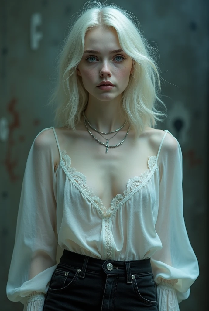 Skinned: pale, no signs of dryness or decay.
body hair: Medium-long, wavy and falling elegantly over the shoulders.
eyeballs: heterochromia, one blue and one brown, intense and captivating.
chemise: White social, slightly open and a little worn, suggesting its ghostly nature.
bloodstains: inconspicuous, with small spots around the body, adding a touch of tragedy.
pants: black, a little worn around the edges, but still elegant.
feet: barefoot.
necklase: Plata, shining your