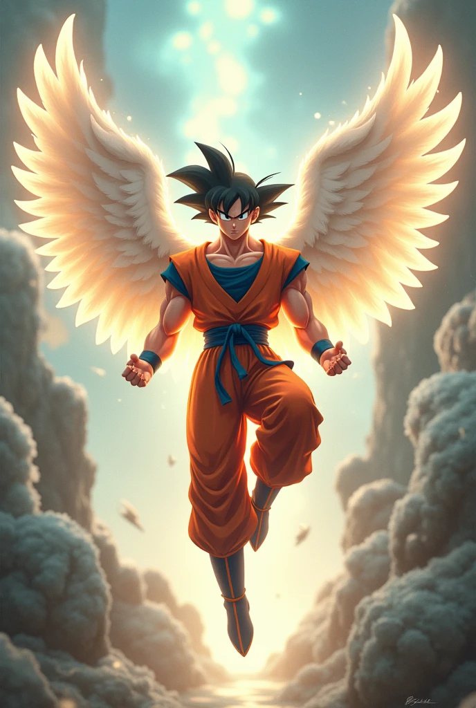 Goku with Angel Wings with his right feet semi raised and floating 