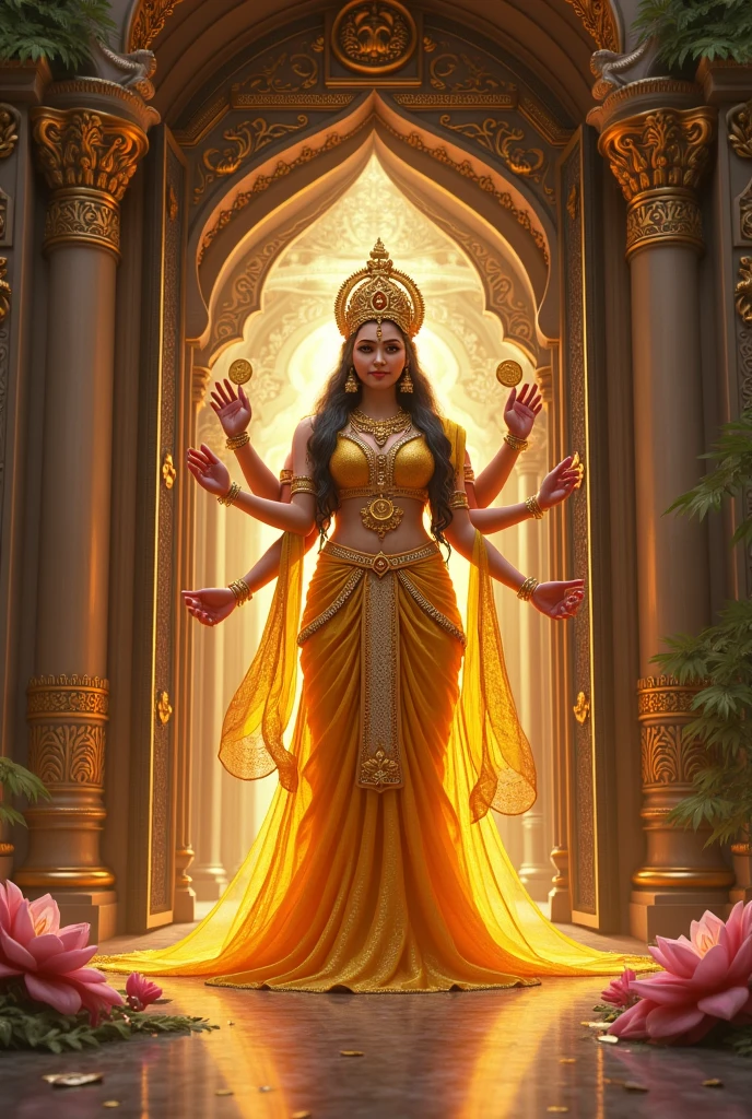 Create a image of a godess laxmi standing in house room gate 