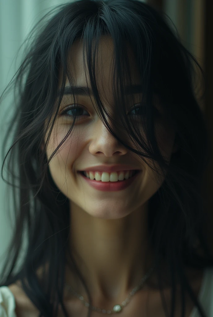 closeup portrait, Surreal, amazing quality, masterpiece, best quality, awesome, inspiring, a light smiling amused woman with hair over her eyes, hair completely covers her face. cinematic composition, soft shadows,
atmospheric haze, Film grain, cinematic film still, shallow depth of field, highly detailed, high budget, cinemascope, moody, epic, OverallDetail, 2000s vintage RAW photo, photorealistic, candid camera, color graded cinematic, atmospheric lighting, imperfections, natural, shallow dof