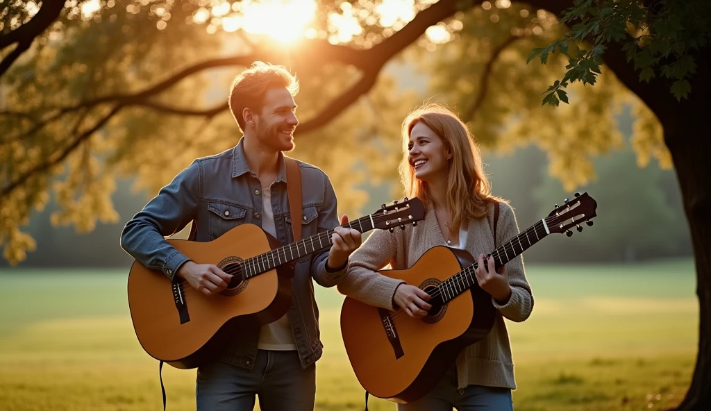 ((Best Quality)), ((masterpiece)),(detail), perfect face, Full body photo of a beautiful old love placed under a huge oak tree., WOMAN PLAYING A GUITAR, participating in a duet of cheerful melodies, radiant smiles shared between them, Sun rays filtering through the foliage, projecting a mosaic of light and shadow on their figures, candid moment captured, Soft focus background with a variety of greens and browns., warm, late afternoon atmosphere, sepia toned photography, textured like an old film, Dynamic range, dorado, hyperrealistic photos, 8k, ultra high resolution, Sharp Faces YOUNG 20 AND 2 RED HAIRED MAN WOMAN PLAYING GUITAR 